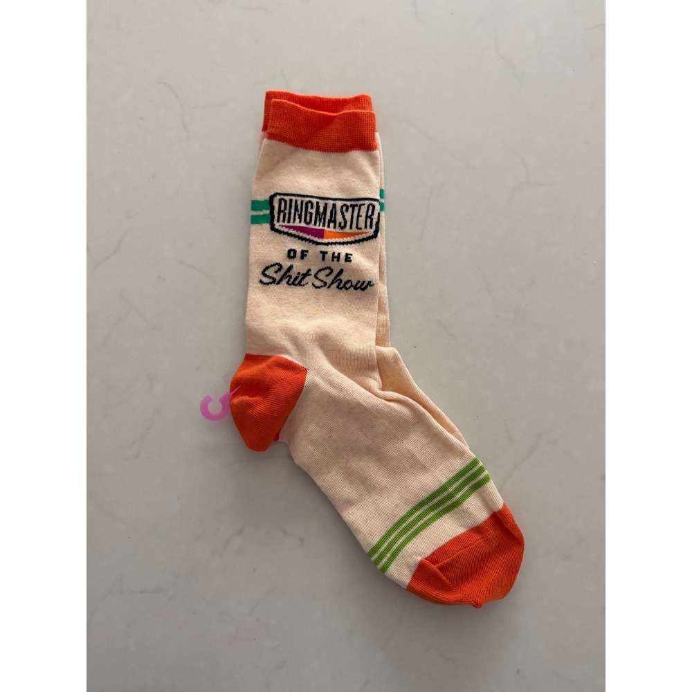 Blue Q Ringmaster of the Shit Show Crew Socks Cream Orange Green Novelty Humor